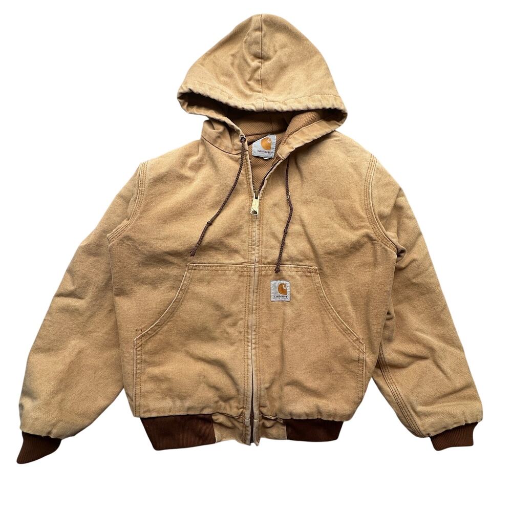 Vintage Carhartt Duck Canvas Lined Full Zip Hoodie Jacket Boy Medium 18x20 Brown